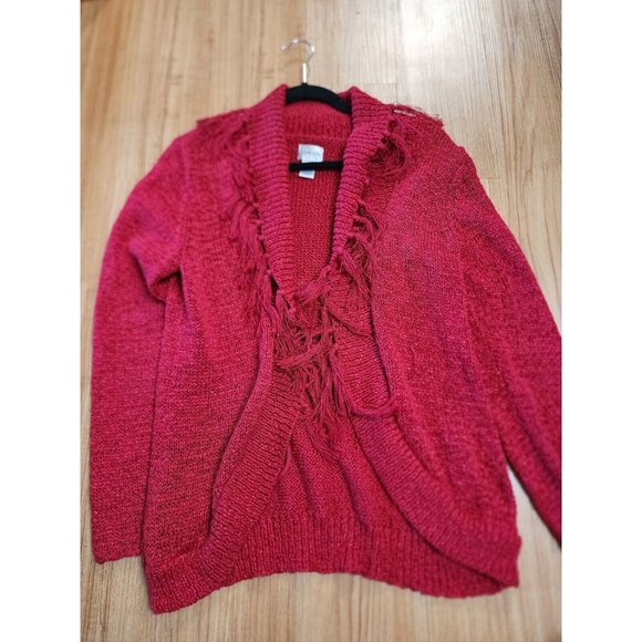 Chico's Sweaters - Chicos Cardigan Open Front Solid Red With Fringe Womens Size 1 or Medium